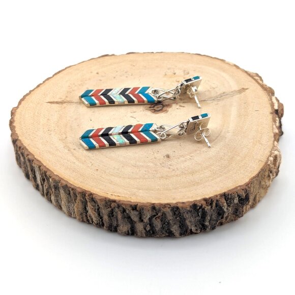 Zuni Multi Stones Inlay Dangle Earrings Sterling Silver Handmade Jewelry ** - Picture 9 of 10